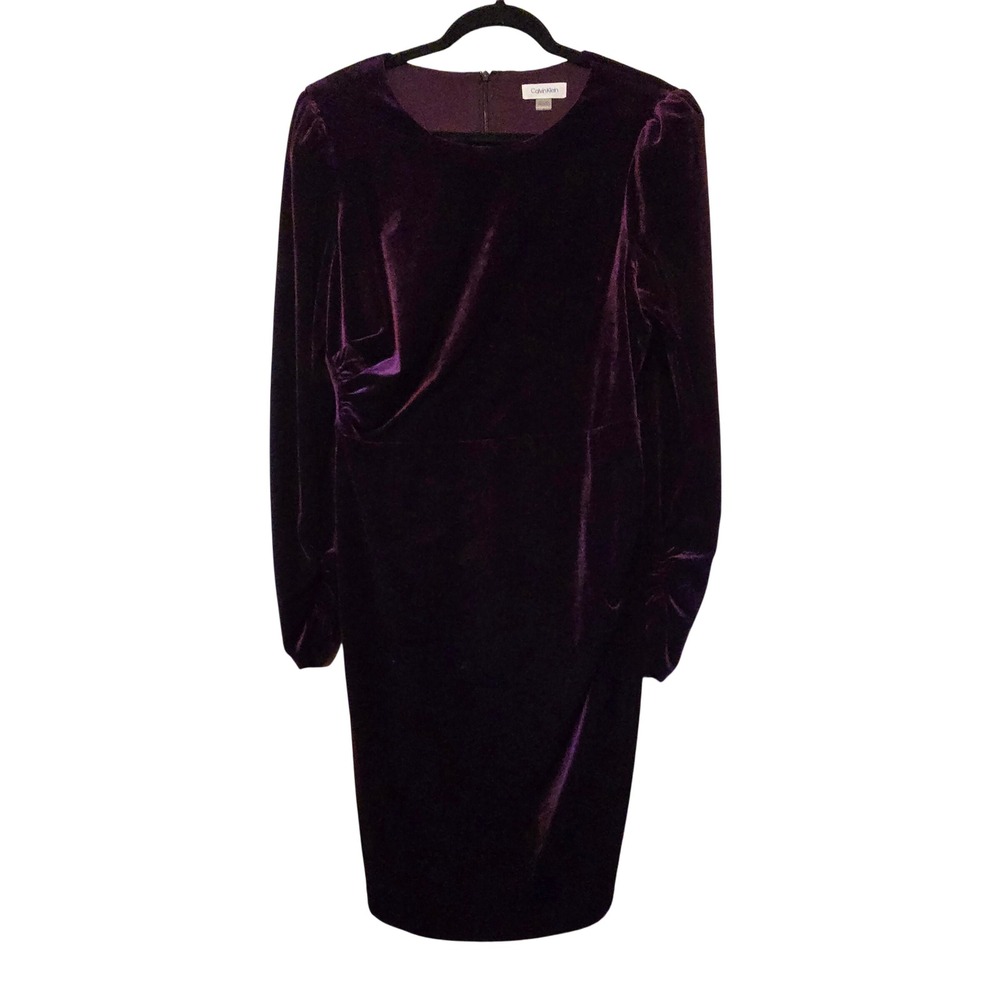 Calvin Klein Sheath Velvet Dress Womens 14 Purple Wine Ruched Whimsigoth Witchy